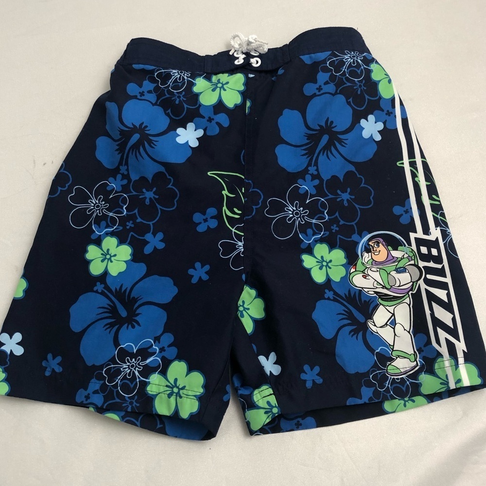 Disney blue green hibiscus print Buzz Lightyear mesh lined swim trunks M